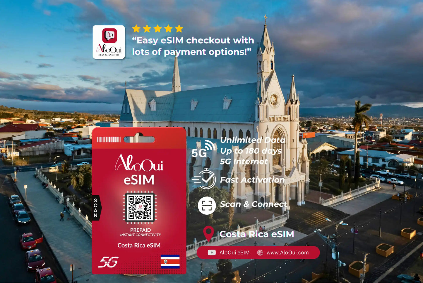 Costa Rica AloOui eSIM with a scenic cityscape in the background