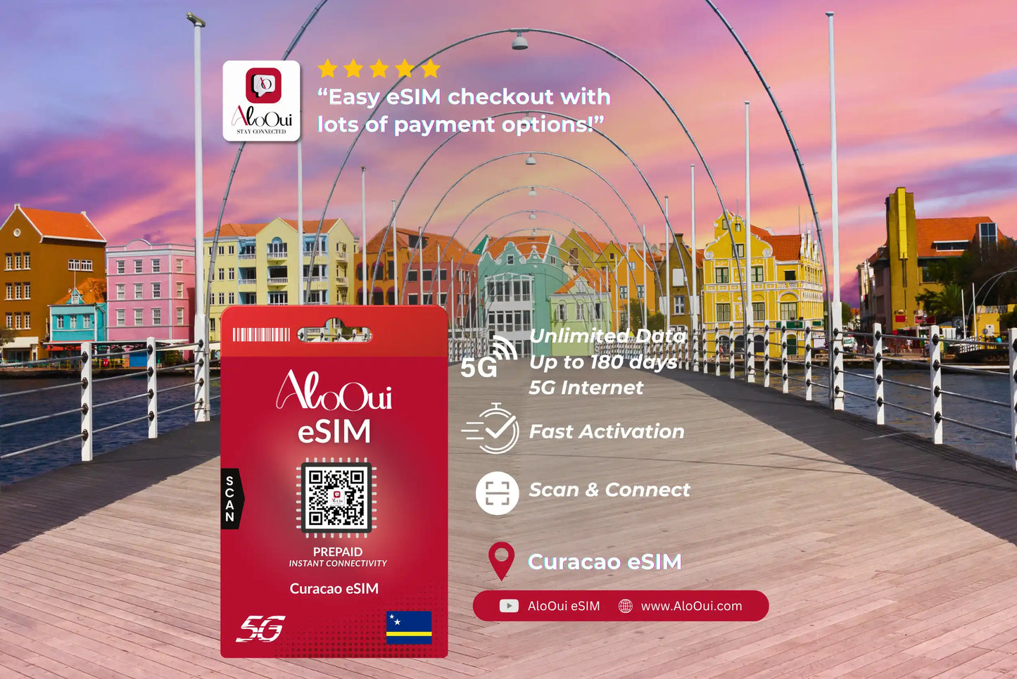 Curacau AloOui eSIM with a scenic background of colorful buildings.
