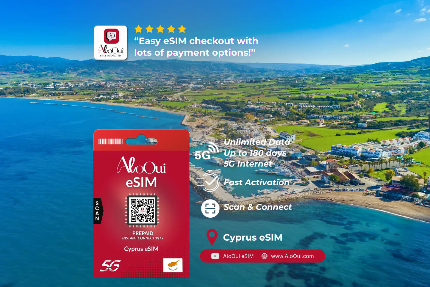 Cyprus AloOui eSIM with scenic coastal view and promotional text