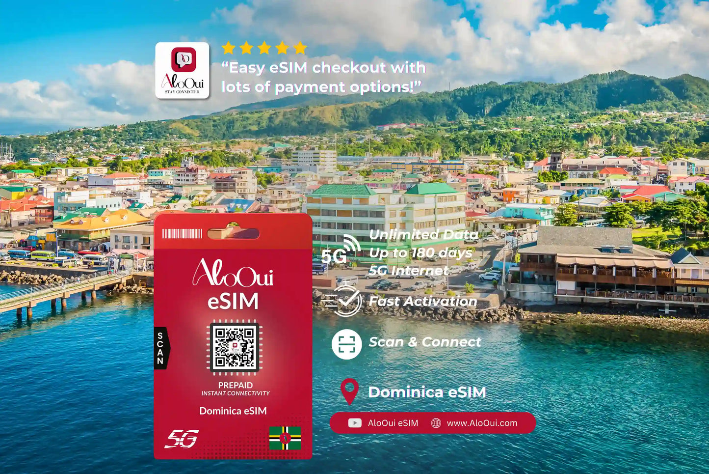 Dominica AloOui eSIM against a scenic background of a town by the sea.