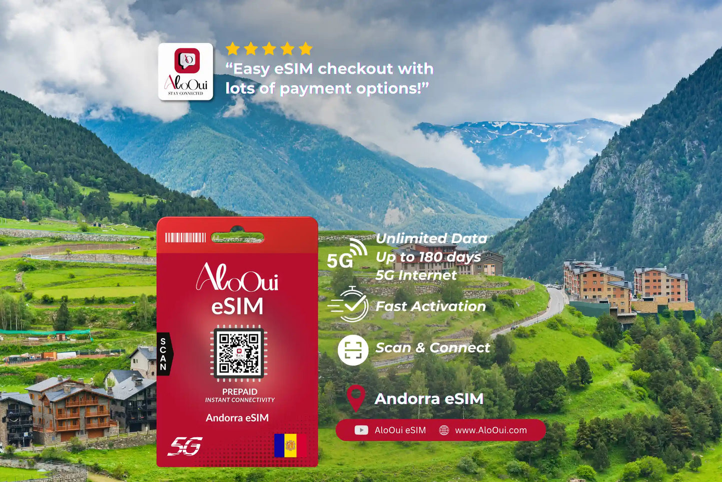 Andorra AloOui eSIM with scenic mountain landscape in the background