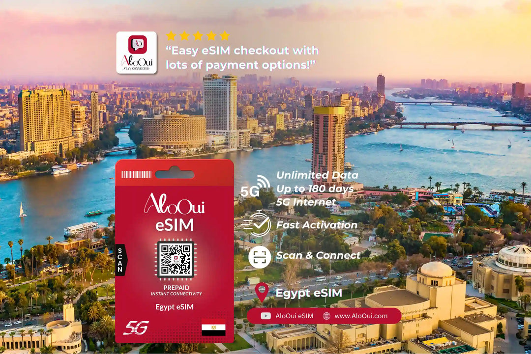 Egypt AloOui eSIM with a cityscape background