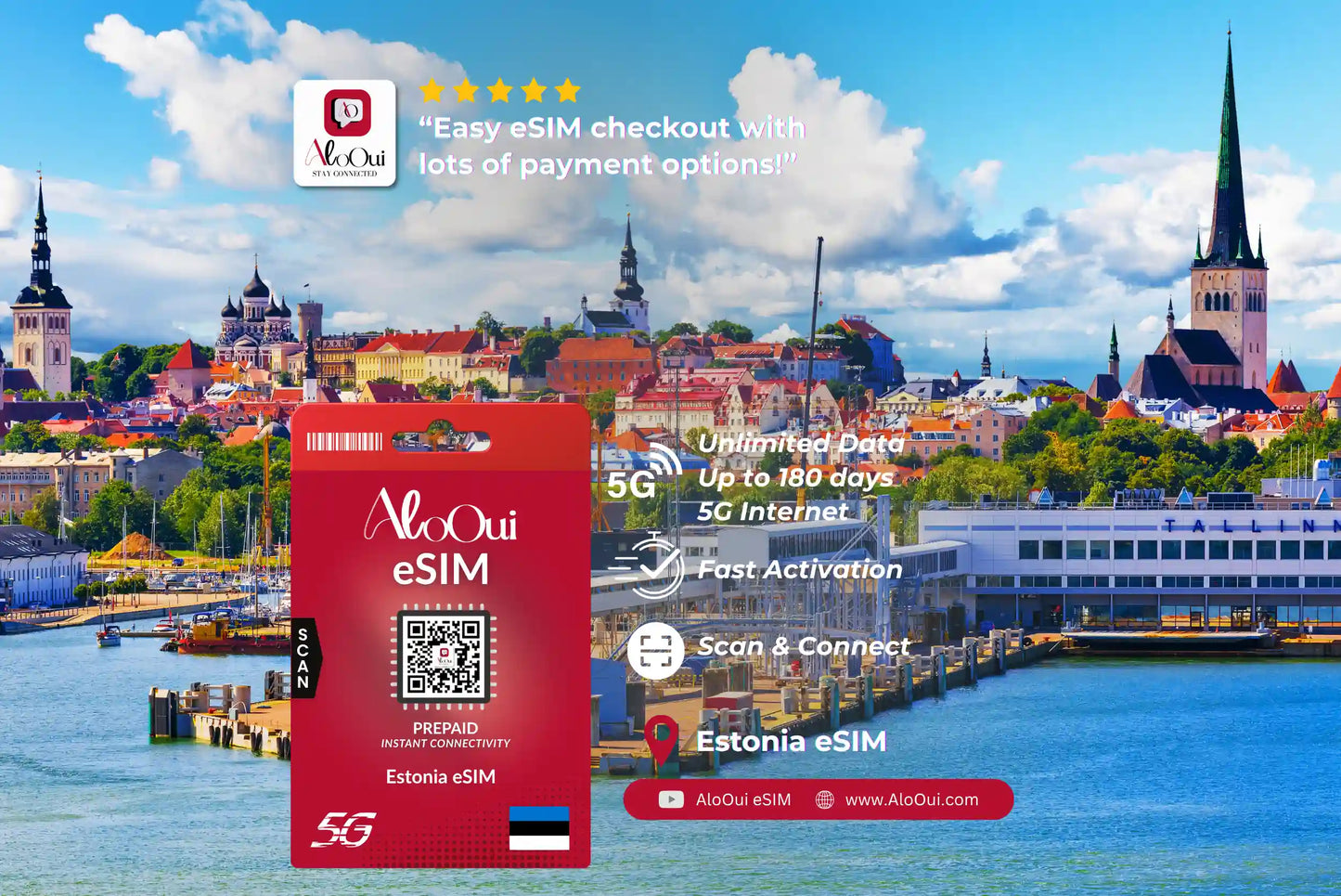 Estonia AloOui eSIM with a scenic cityscape in the background