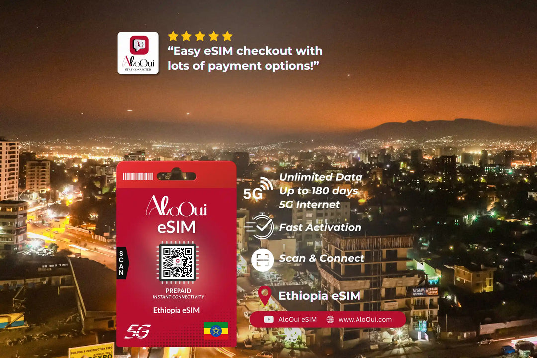 Ethiopia AloOui eSIM with a warm sunset cityscape featuring modern high rises scattered residential areas winding roads and soft golden light over Addis Ababa.