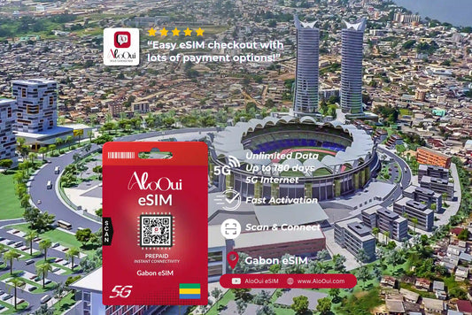 Gabon AloOui eSIM with stadium and cityscape in the background 