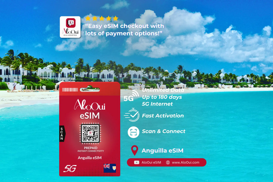 Anguilla AloOui eSIM with beach and palm trees in the background