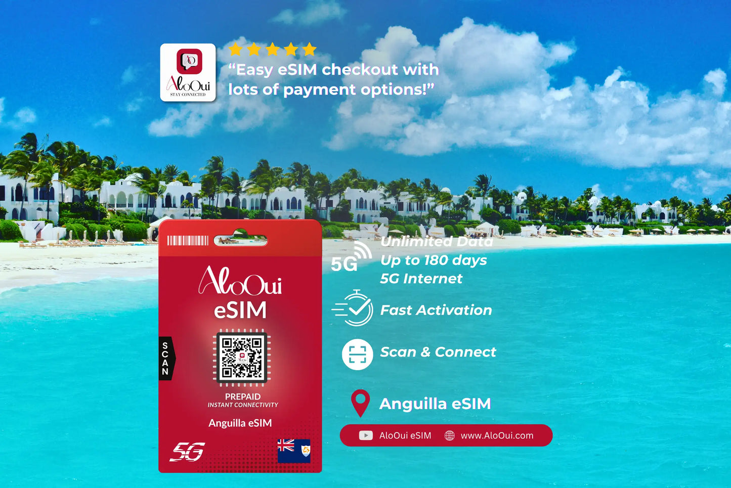 Anguilla AloOui eSIM with beach and palm trees in the background