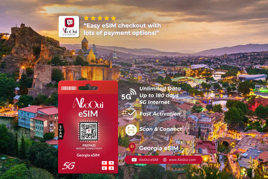 Georgia AloOui eSIM with a scenic cityscape in the background 