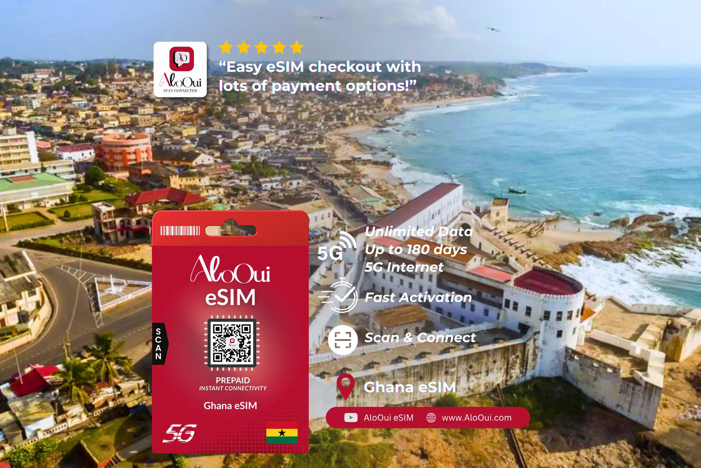 Ghana AloOui eSIM with a scenic view of a coastal town in the background