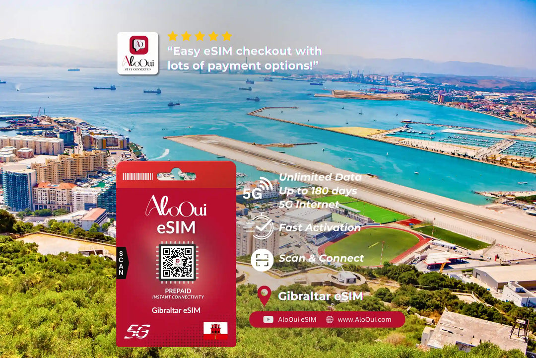 Gibraltar AloOui eSIM with a scenic view of a harbor and city in the background
