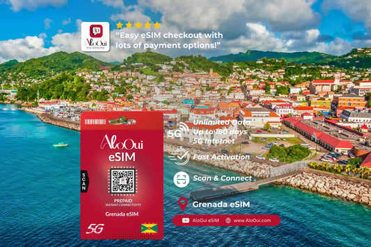 Grenada AloOui eSIM with a scenic view of a coastal town in Grenada. 