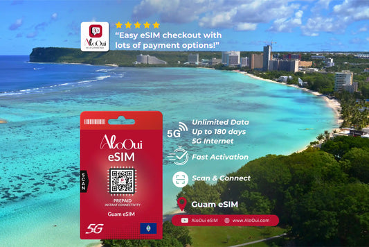 Guam AloOui eSIM with a scenic background of a tropical island. 