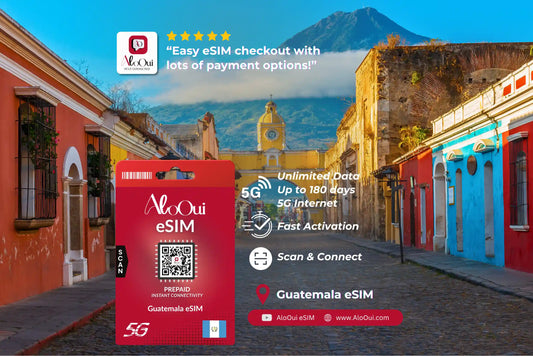 Guatemala AloOui eSIM with a scenic street in Guatemala in the background 