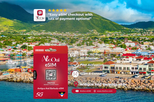 Antigua and Barbuda AloOui eSIM with a scenic background of a coastal town and mountains. 