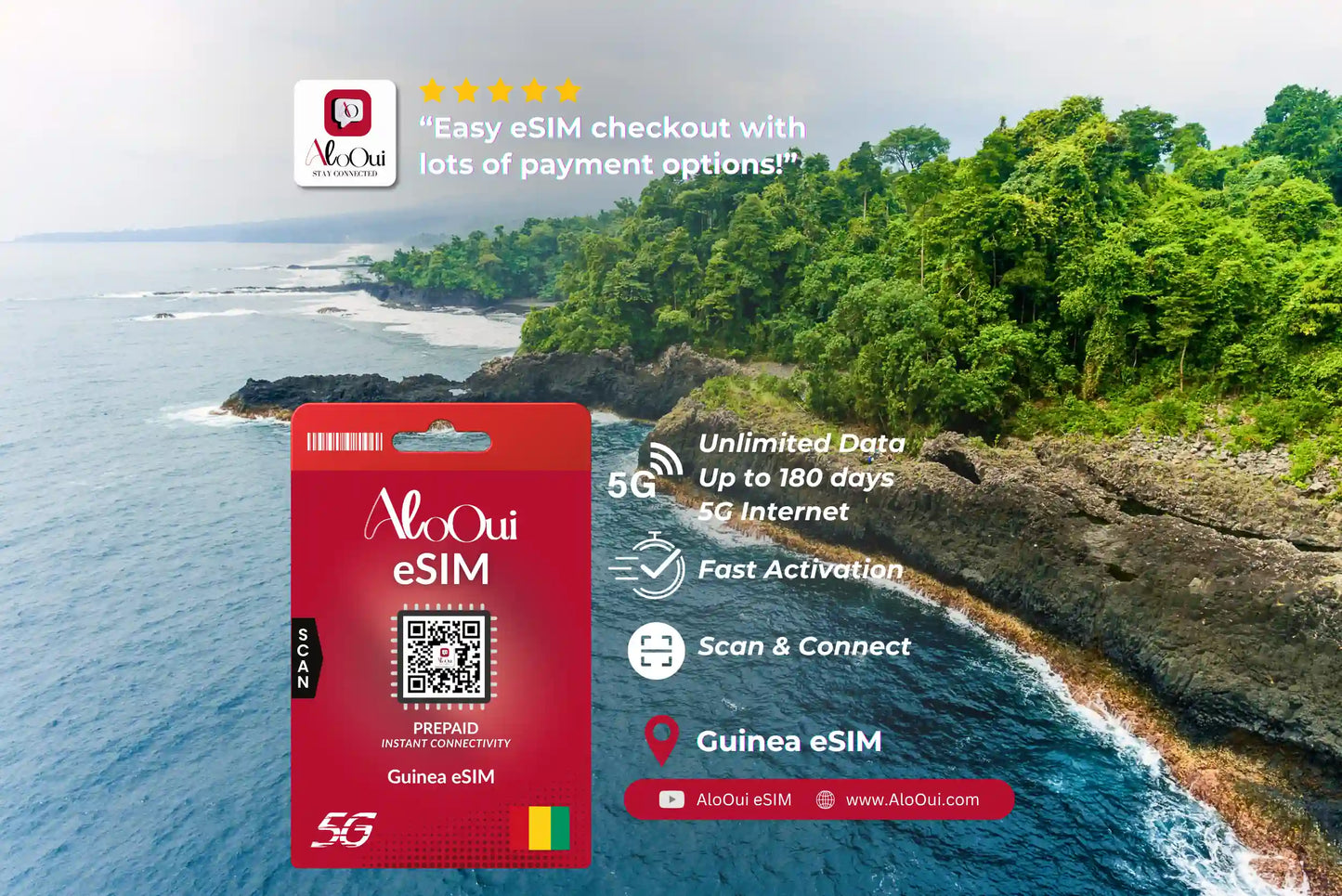 Guinea AloOui eSIM with scenic ocean and island background