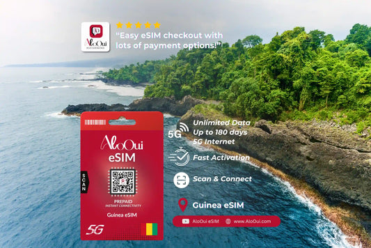 Guinea AloOui eSIM with scenic ocean and island background 