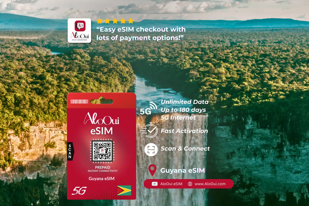 Guyana AloOui eSIM with a scenic background of a river and forest.