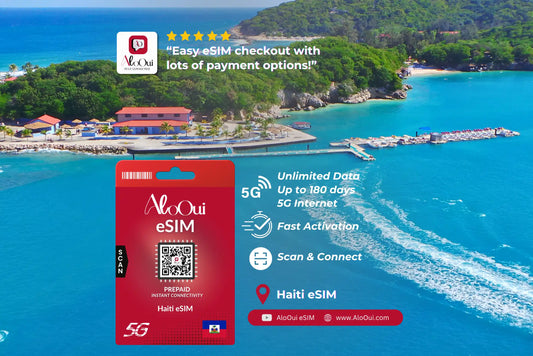 Haiti AloOui eSIM with a scenic background of a tropical island. 