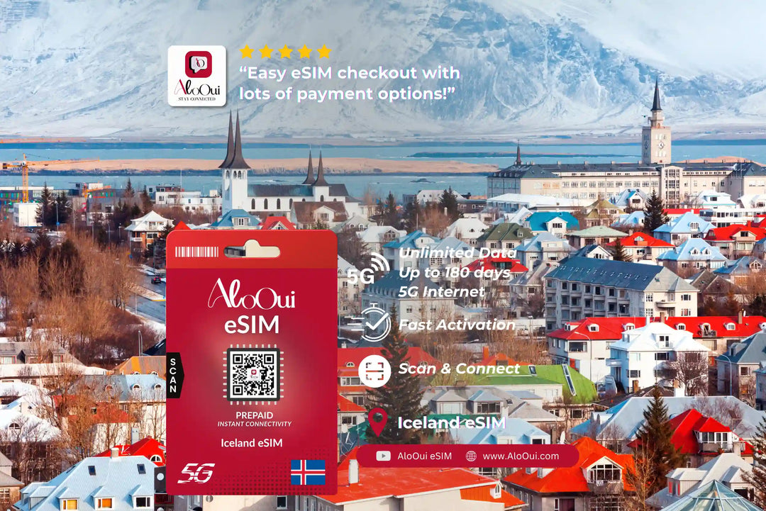 Iceland AloOui eSIM card with Icelandic cityscape and mountains in the background