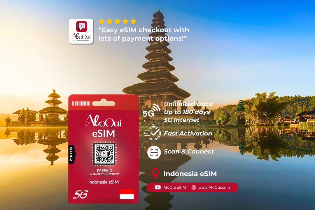 Indonesia AloOui eSIM with temple and lake background