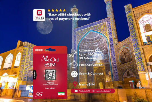 Iran AloOui eSIM with a scenic background of a mosque at night. 