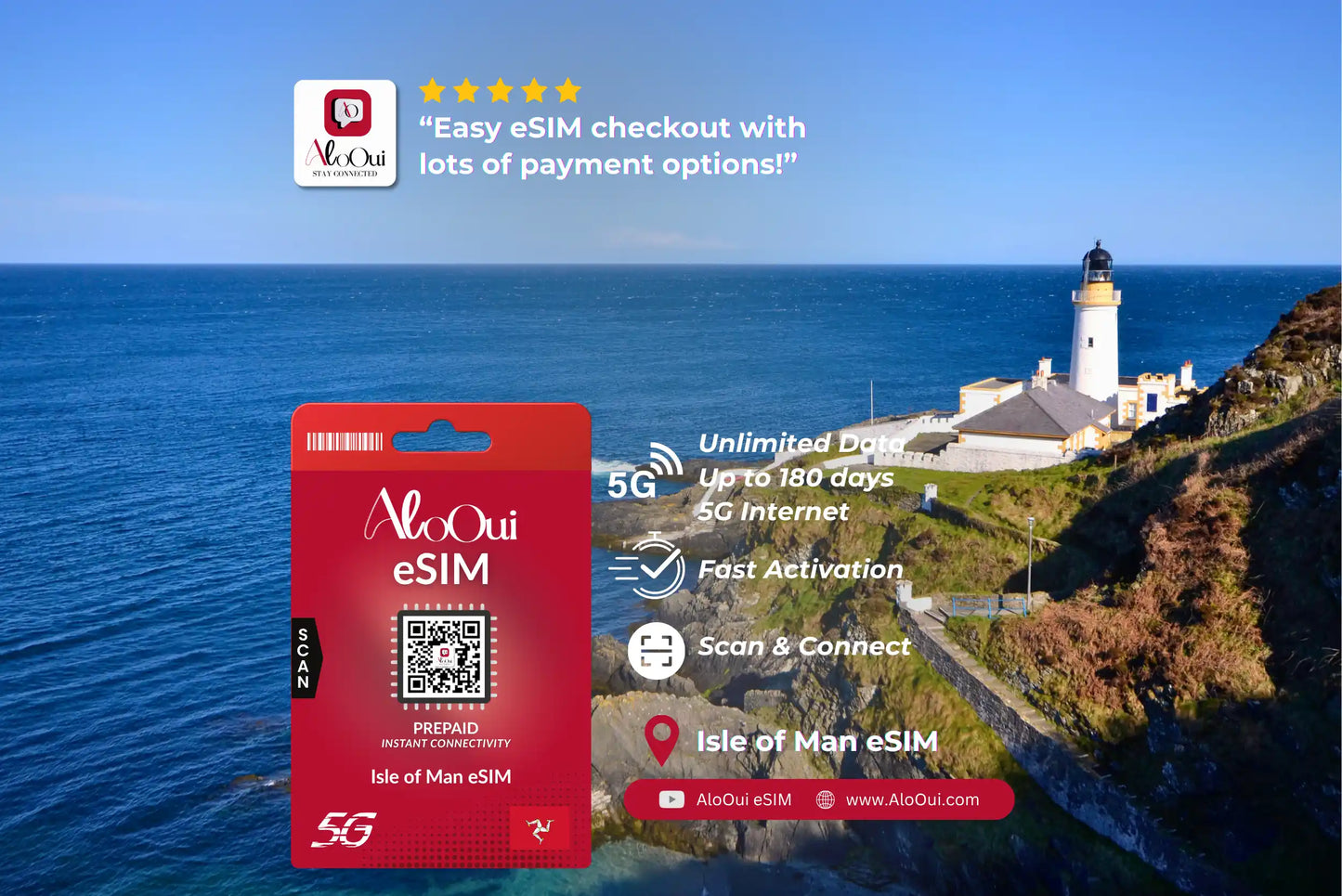 Isle of Man AloOui eSIM card with a scenic background of a lighthouse and ocean.