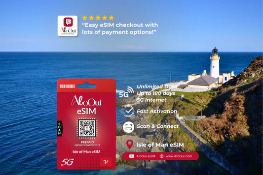 Isle of Man AloOui eSIM card with a scenic background of a lighthouse and ocean. 