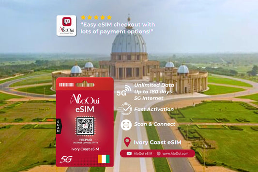 Ivory Coast AloOui eSIM with a scenic background of a large building and green fields. 