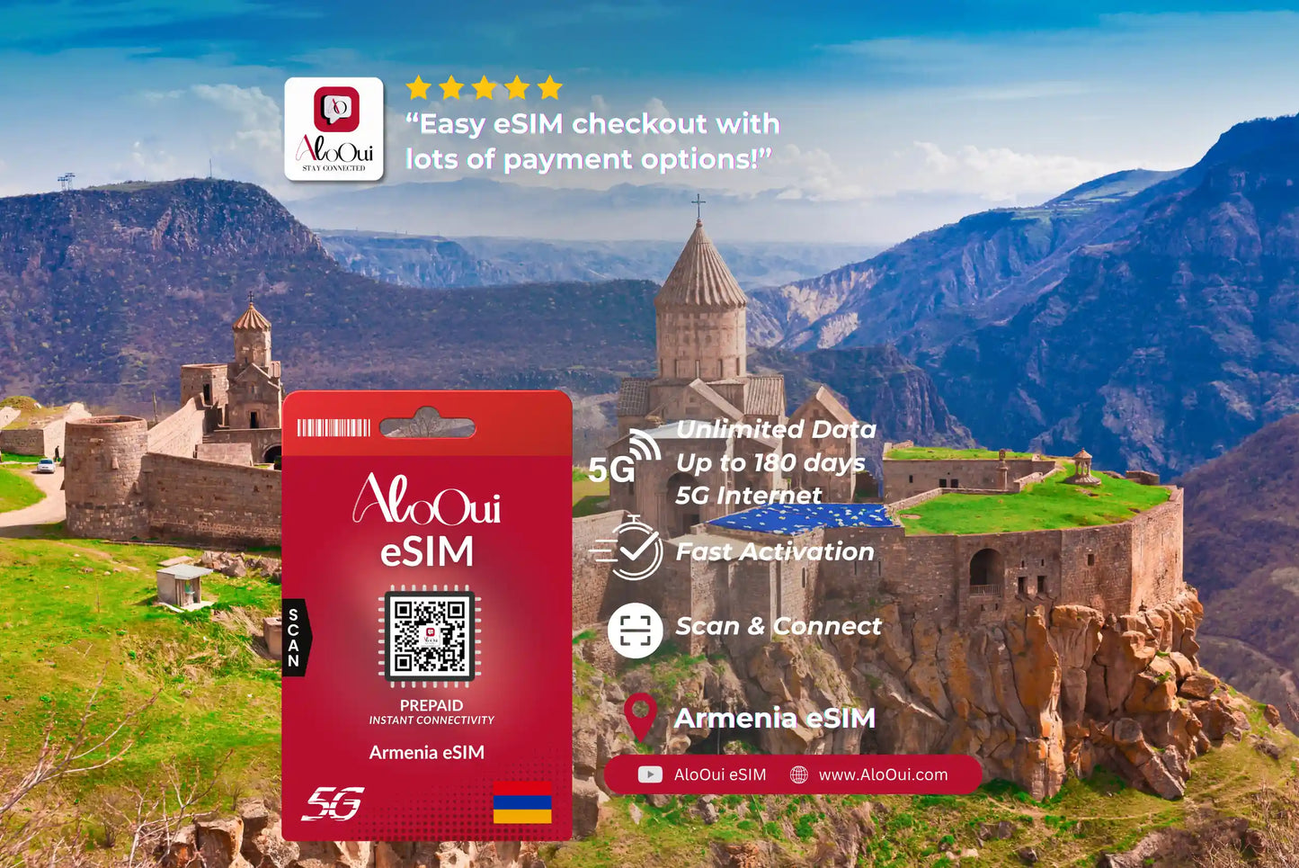 Armenia AloOui eSIM with scenic mountain landscape in the background