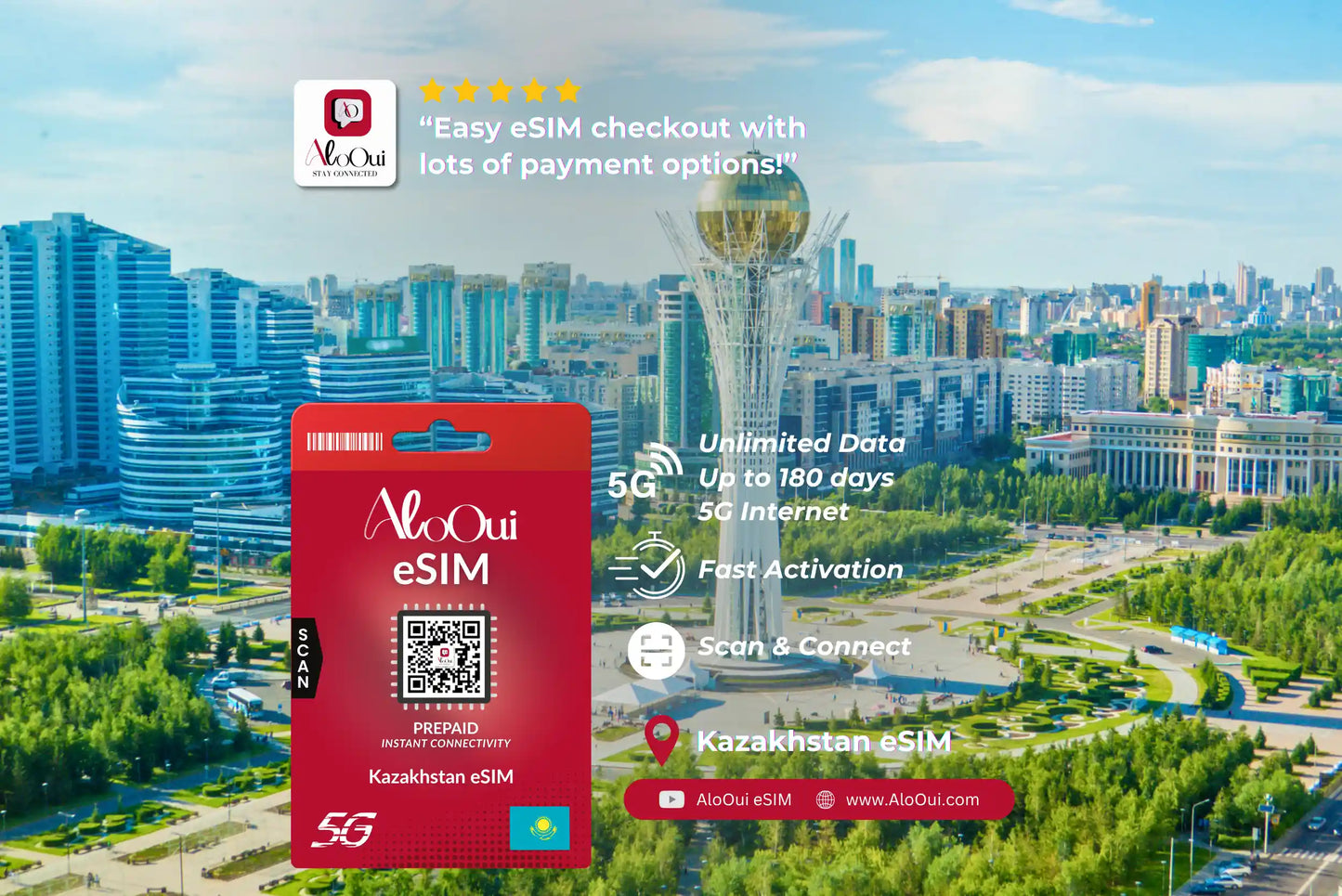Kazakhstan AloOui eSIM with a cityscape in the background