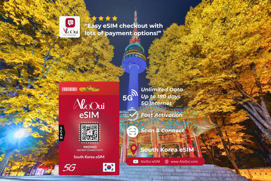 South Korea AloOui eSIM with a scenic background of a tower and trees. 
