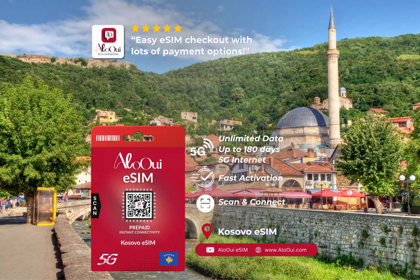 Kosovo AloOui eSIM with scenic background of a town and mosque.