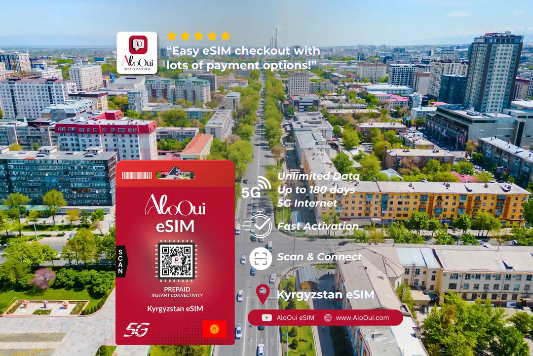 Kyrgyzstan AloOui eSIM card with a scenic city background
