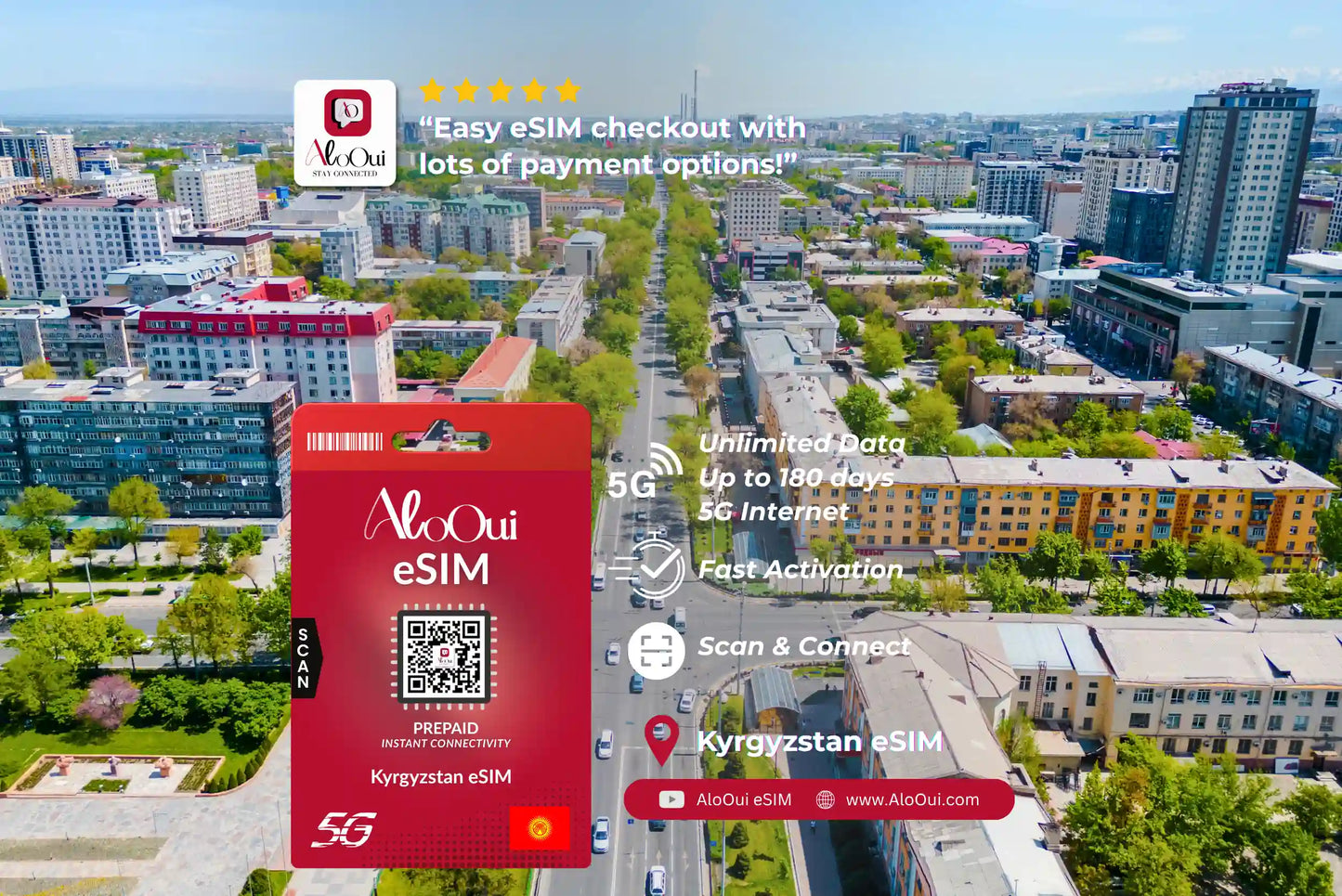 Kyrgyzstan AloOui eSIM card with a scenic city background

