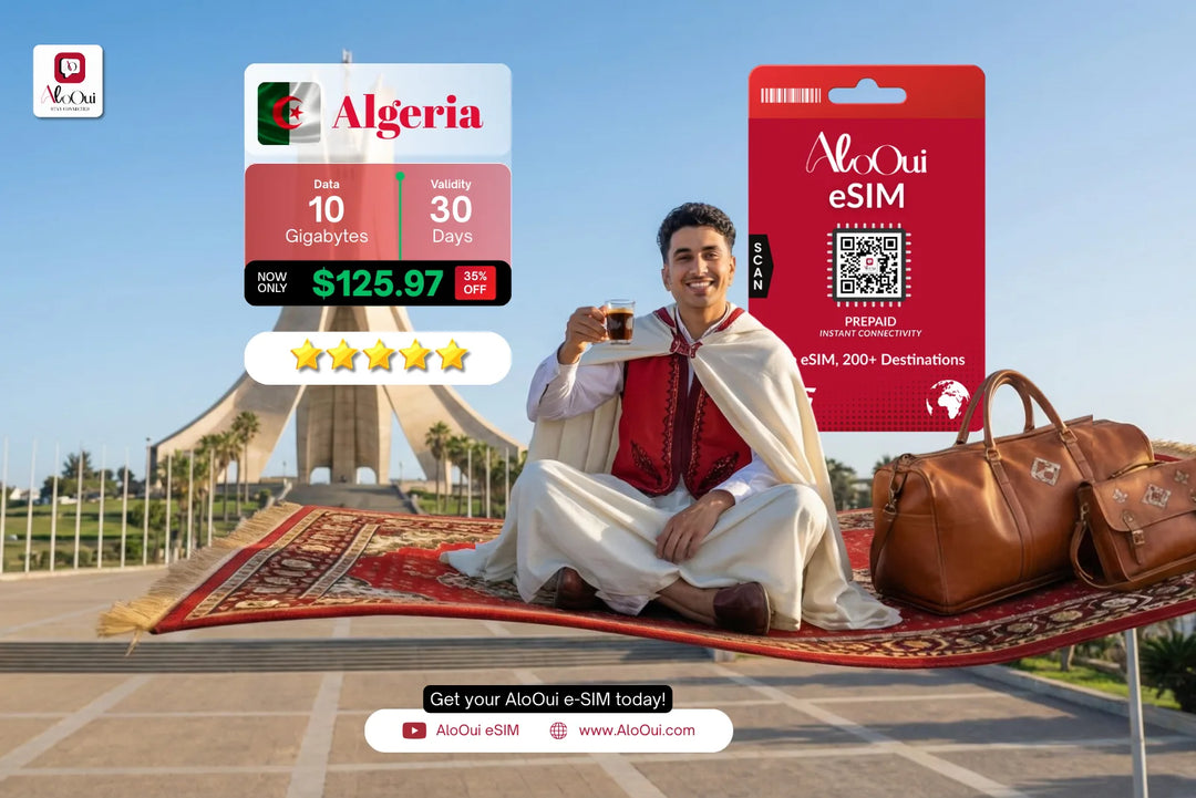 Person in traditional attire with Algeria AloOui eSIM and travel bag on a scenic background