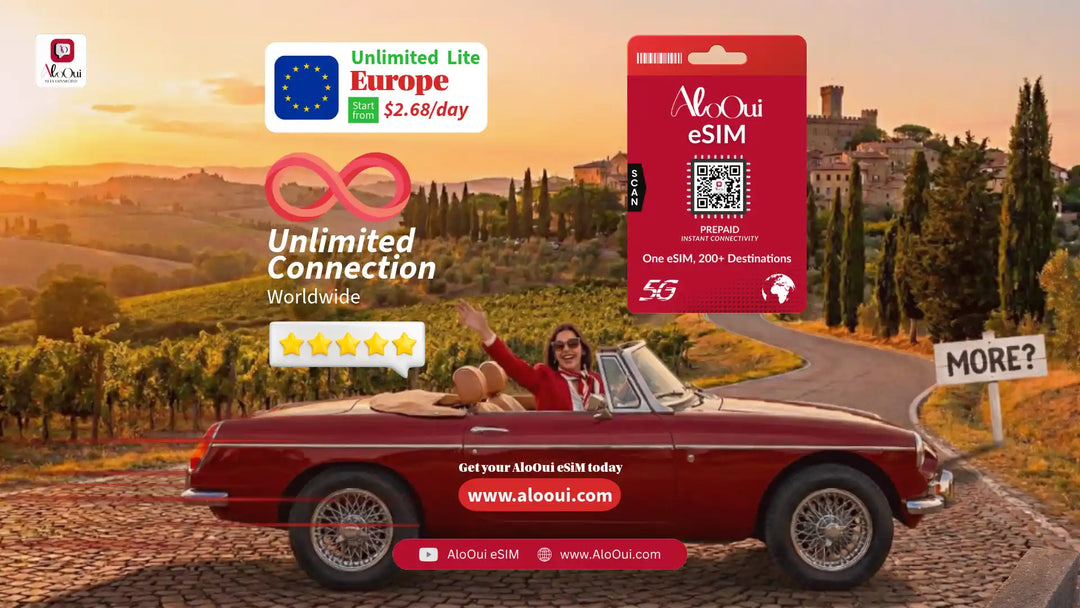 Woman on a car with AloOui eSIM and Europe scenery