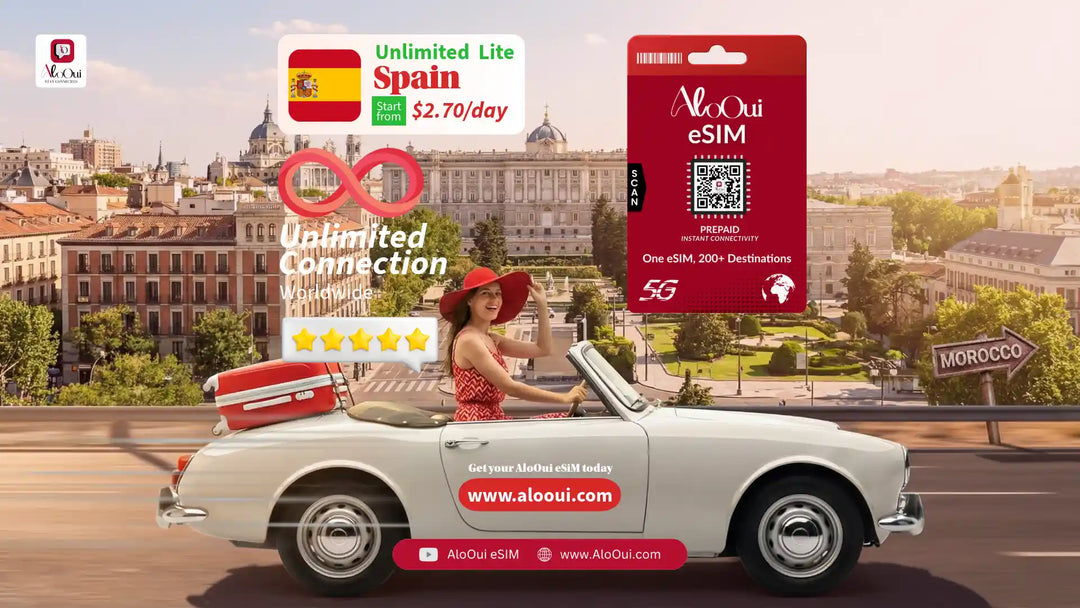 Woman on a car with AloOui eSIM and Spain scenery