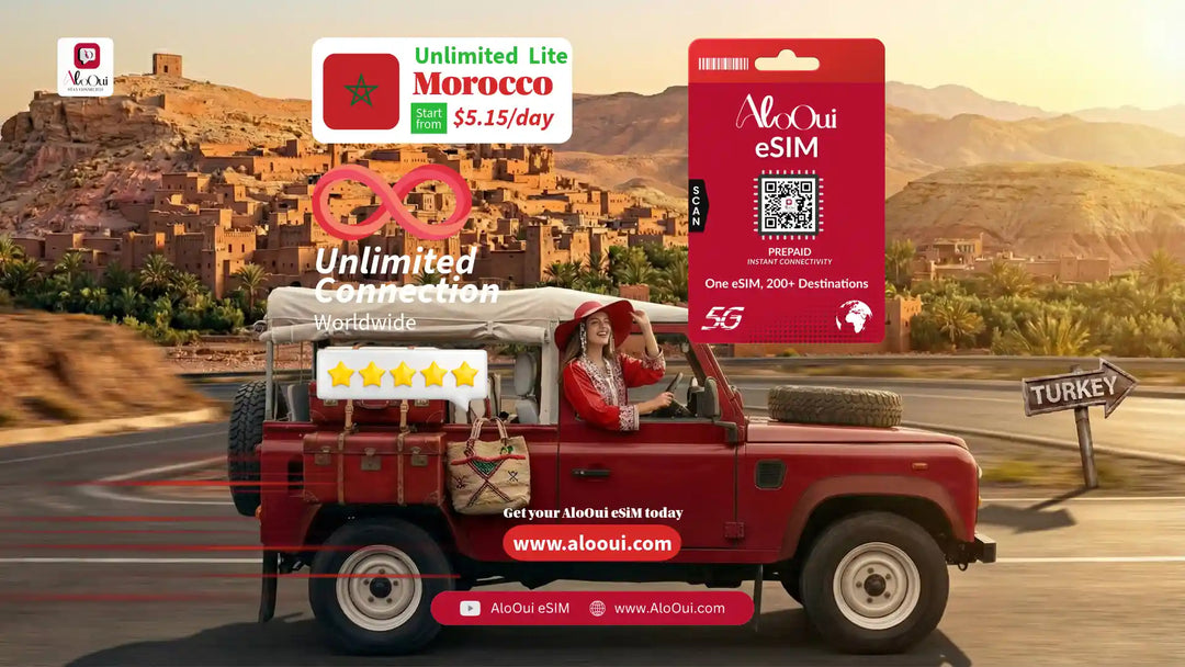 Woman on a car with AloOui eSIM and Morocco scenery