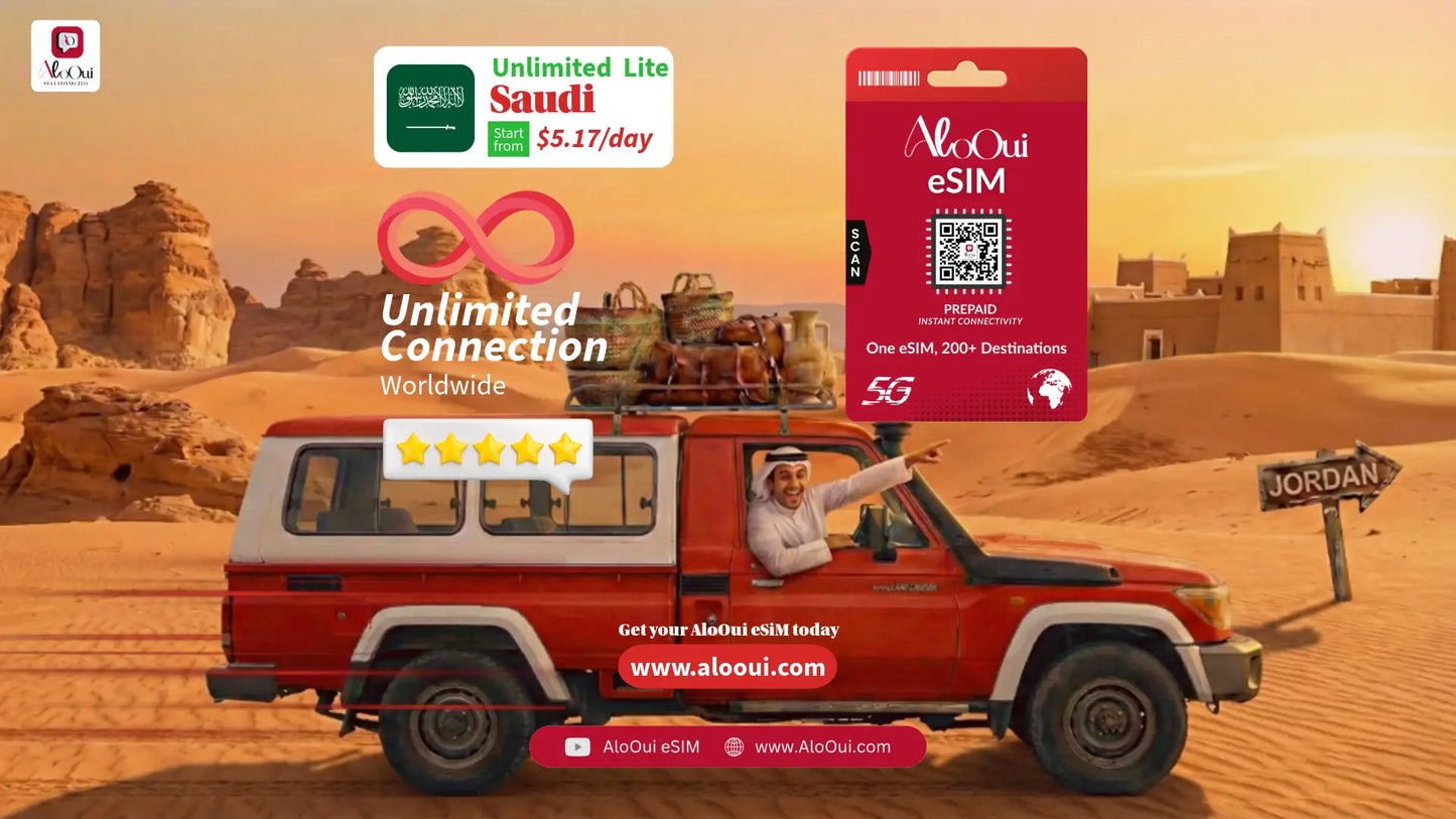 Man on a car with AloOui eSIM and Saudi Arabia scenery