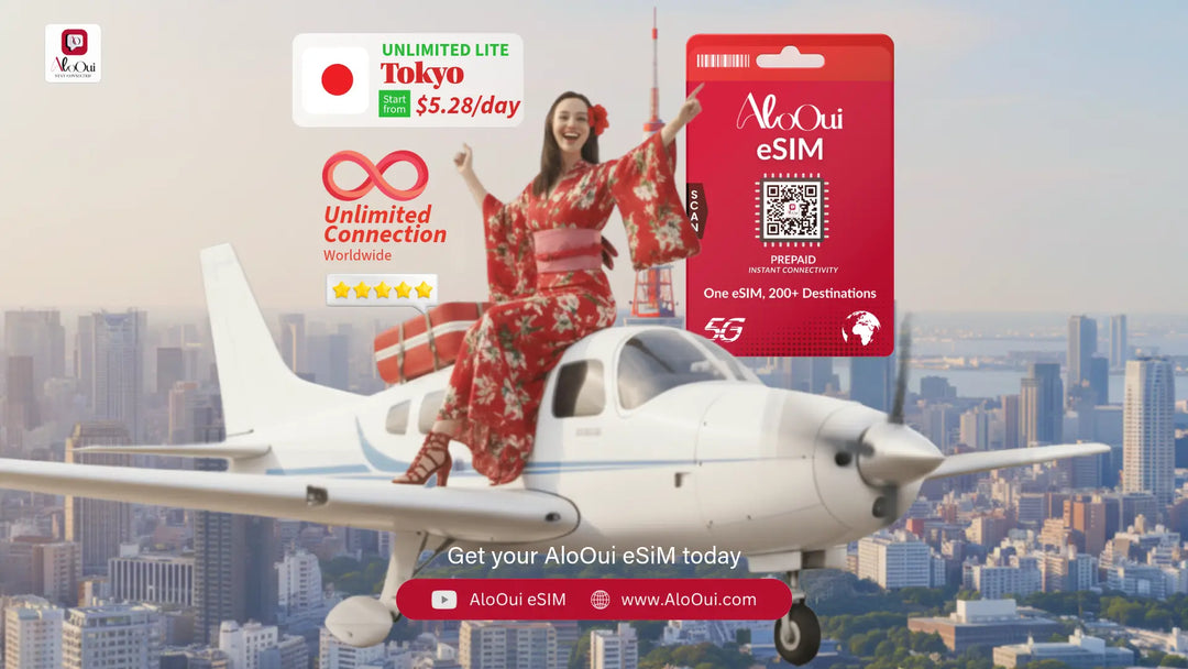 Woman on a small airplane with AloOui eSIM and Tokyo tower scenery