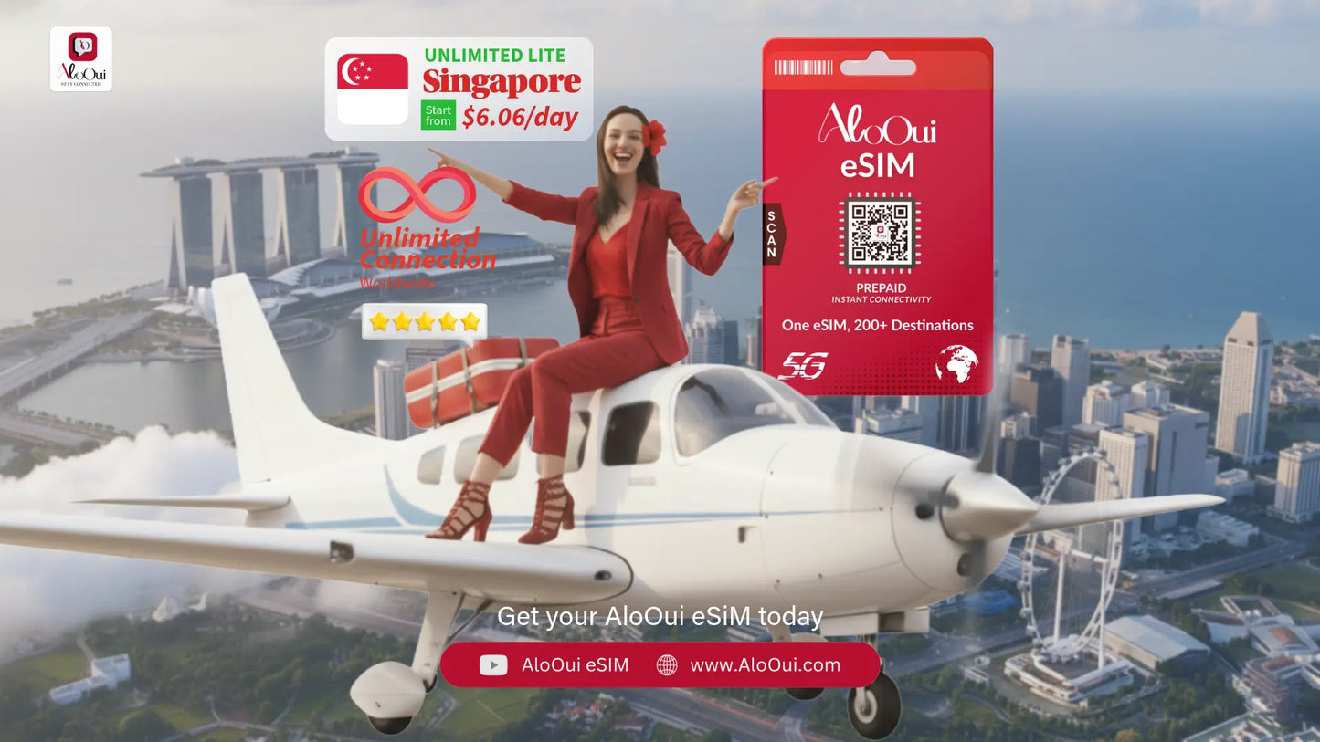Woman on a small airplane with AloOui eSIM and Singapore scenery