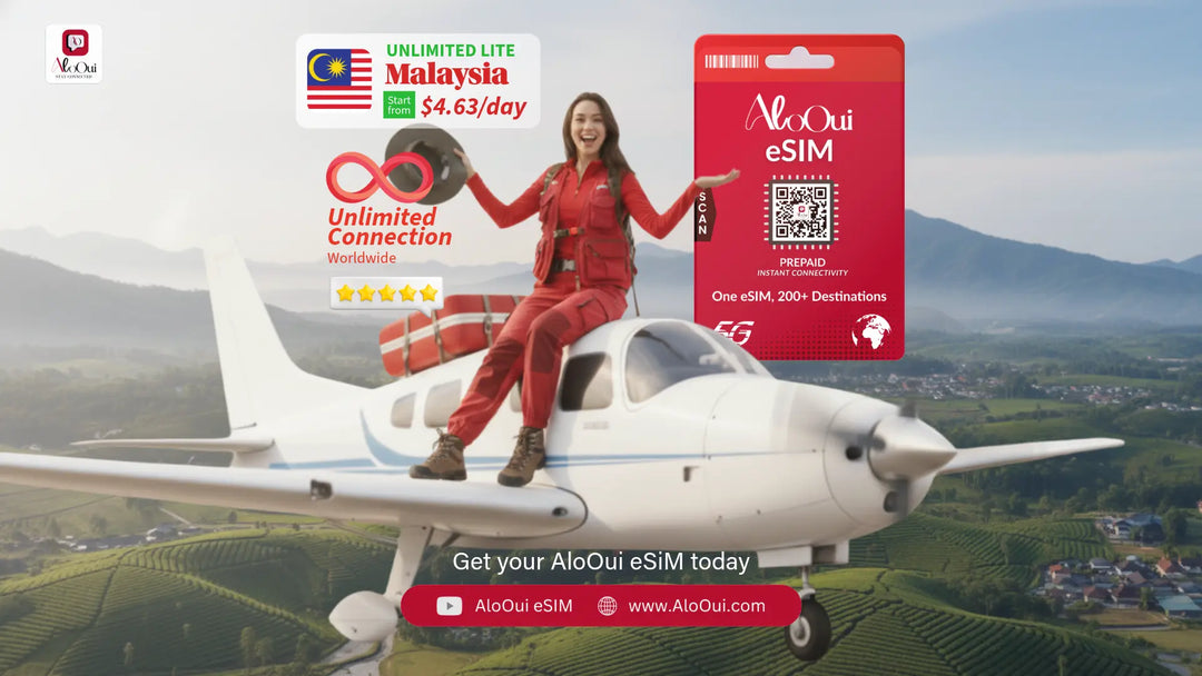 Woman on a small airplane with AloOui eSIM and Malaysia scenery