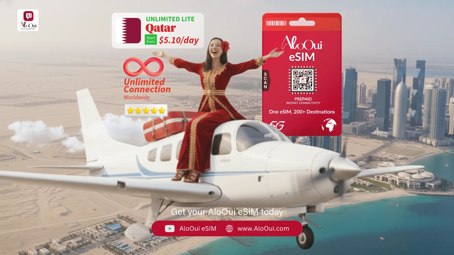 Woman on a small airplane with AloOui eSIM and Qatar scenery