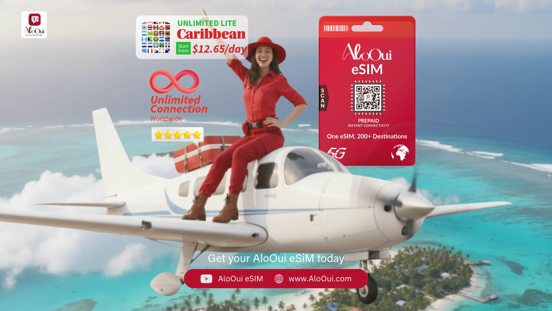 Woman on a small airplane with AloOui eSIM and Caribbean scenery