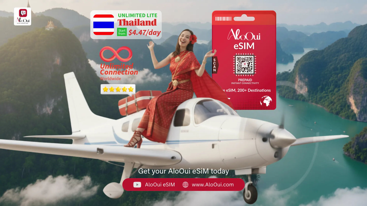 Woman on a small airplane with AloOui eSIM and Thailand scenery