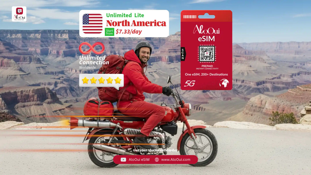 Man on a bike with AloOui eSIM and North america scenery