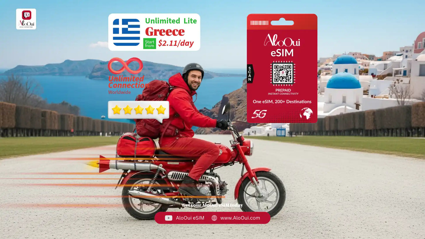 Man on a bike with AloOui eSIM and Greece scenery