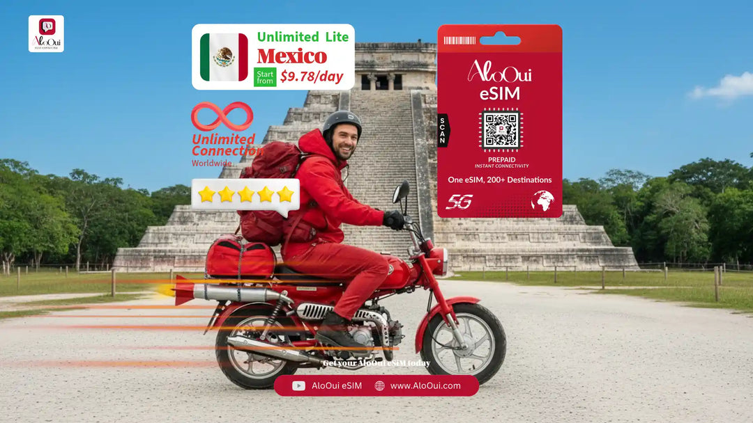 Man on a bike with AloOui eSIM and Mexico scenery