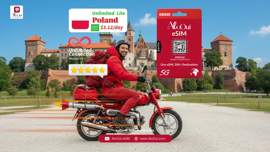 Man on a bike with AloOui eSIM and Poland scenery
