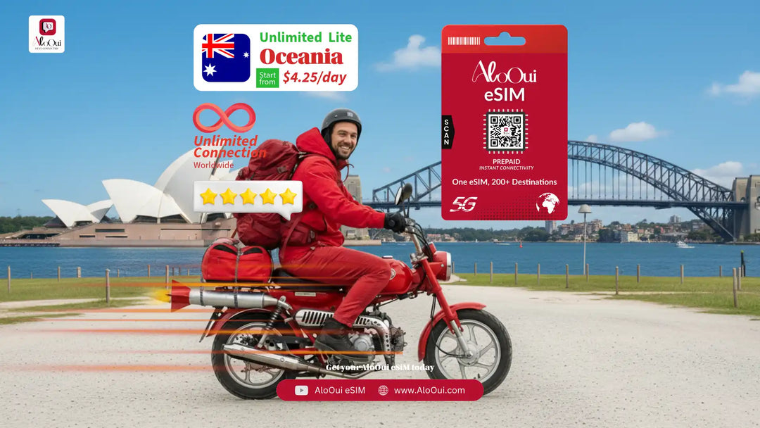 Man on a bike with AloOui eSIM and Oceania scenery